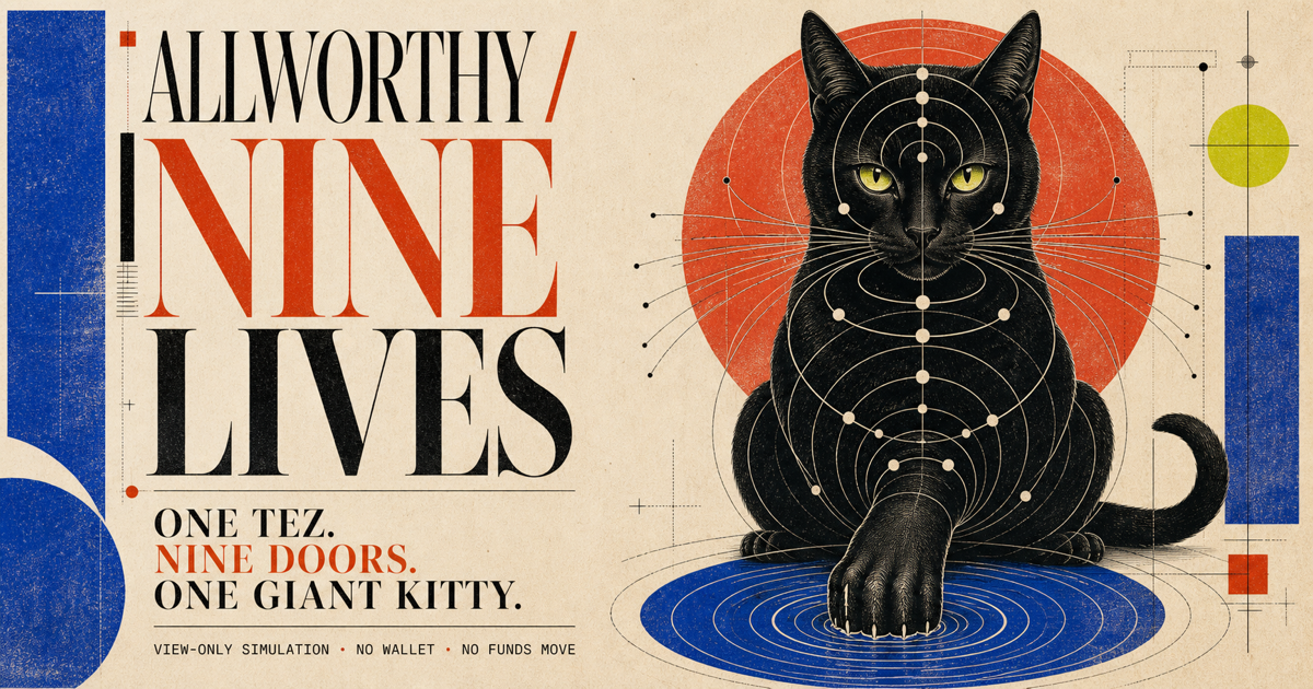 Nine Lives civic poster showing a monumental black cat built from orbital paths and wallet nodes.